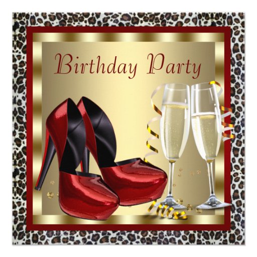 Cocktails Red High Heel Shoes Leopard Birthday Personalized Announcements