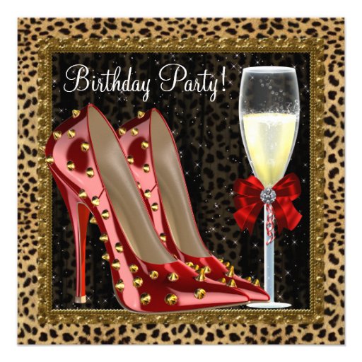 Cocktails Red High Heel Shoes Leopard Birthday Announcement