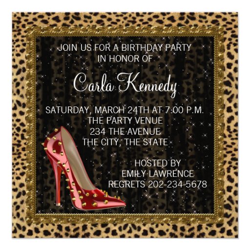 Cocktails Red High Heel Shoes Leopard Birthday Announcement