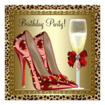 Cocktails Red High Heel Shoes Leopard Birthday invitations