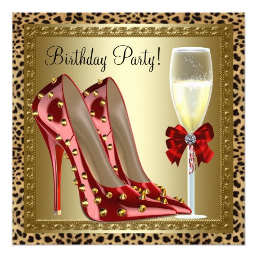 Cocktails Red High Heel Shoes Leopard Birthday Personalized Invites (front side)