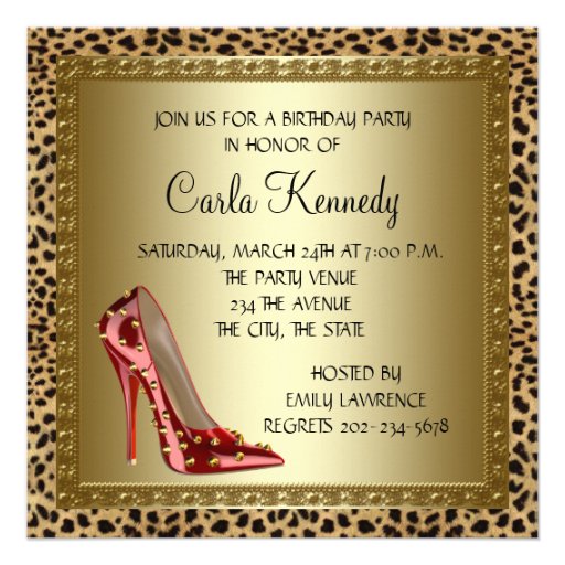 Cocktails Red High Heel Shoes Leopard Birthday Personalized Invites