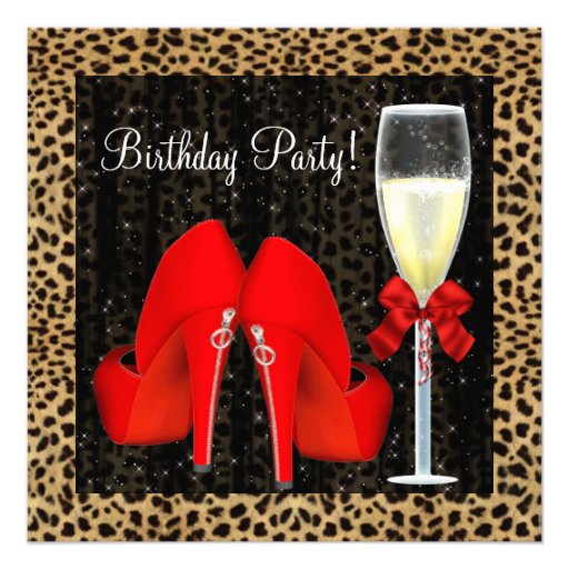 Cocktails Red High Heel Shoes Leopard Birthday Personalized Announcements (front side)