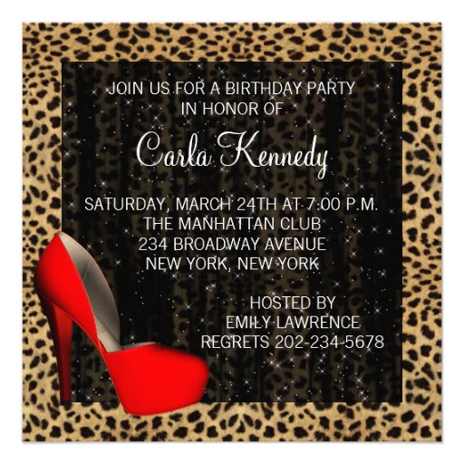 Cocktails Red High Heel Shoes Leopard Birthday Personalized Announcements