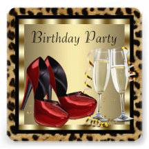 Cocktails Red High Heel Shoes Leopard Birthday Invitation