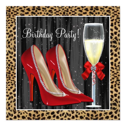 Cocktails Red High Heel Shoes Leopard Birthday Custom Invitations (front side)