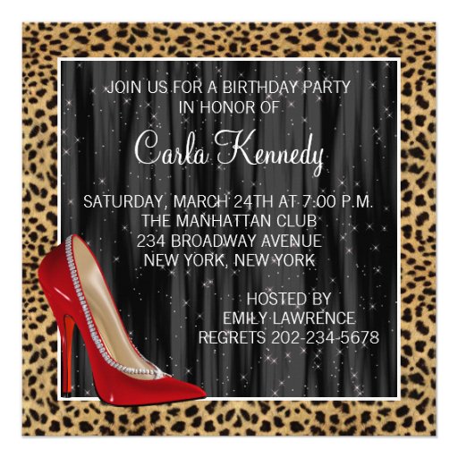 Cocktails Red High Heel Shoes Leopard Birthday Custom Invitations