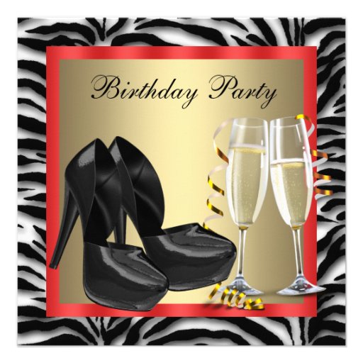 Cocktails Red High Heel Shoes Red Zebra Birthday Personalized Announcements (front side)