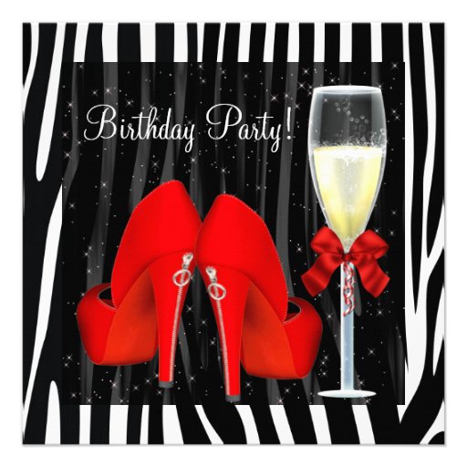 Cocktails Red High Heel Shoes Zebra Birthday Custom Invitations (front side)