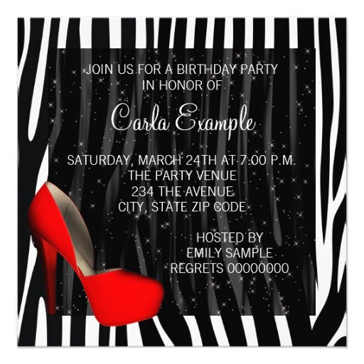 Cocktails Red High Heel Shoes Zebra Birthday Custom Invitations