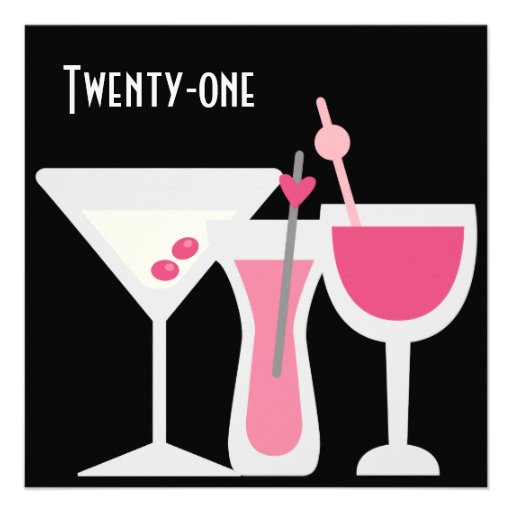 Cocktails Womans Pink Black 21st Birthday Party Custom Announcement