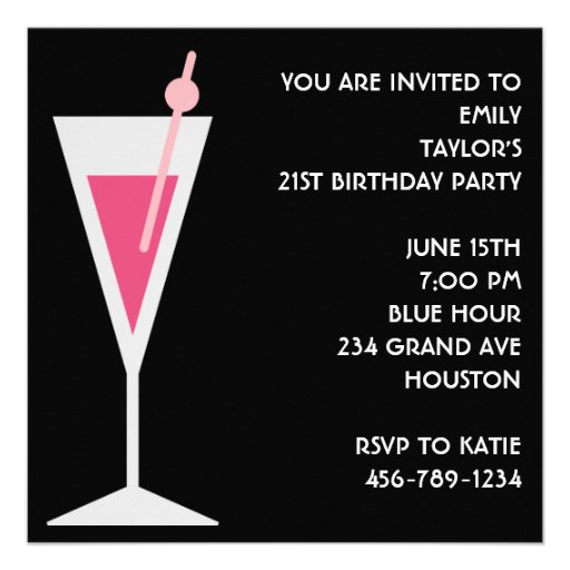 Cocktails Womans Pink Black 21st Birthday Party Custom Announcement