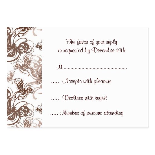 Cocoa and Taupe Deco Swirl RSVP Response Card Business Card (front side)