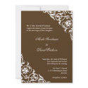 Cocoa brown corner scroll script elegant wedding invitation