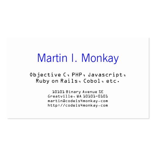 Code Monkey Javascript Business Cards (back side)