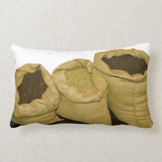 coffee beans in burlap sack pillow