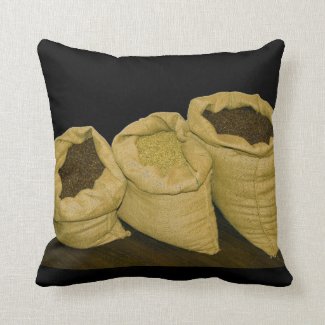 coffee beans in burlap sack throw pillows