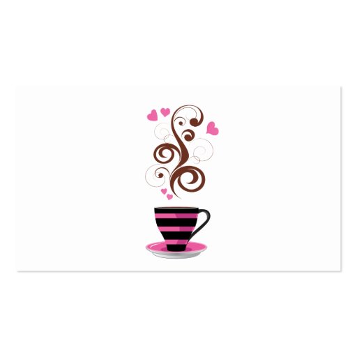 Coffee Cup Steam Swirls Hearts Pink Black Brown Business Card Template (back side)
