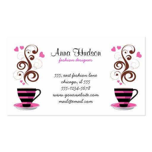 Coffee Cup Steam Swirls Hearts Pink Black Brown Business Card Template