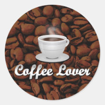Coffee Lover, White Cup/Brown Beans Round Sticker