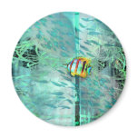 Collage angel fish swims in a school of blue fish magnet