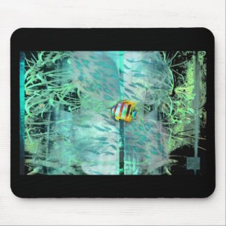 Collage angel fish swims in a school of blue fish mousepad