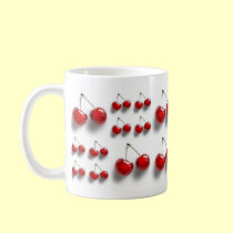 collage with cherries mugs