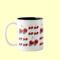collage with cherries mugs
