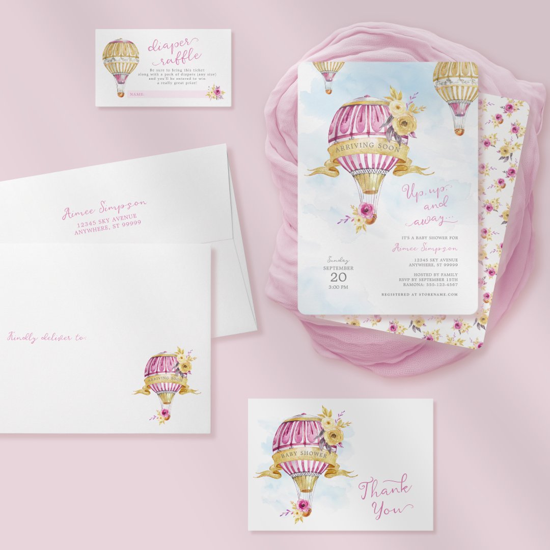 Pink Gold Hot Air Balloon Baby Shower Invitation Zazzle