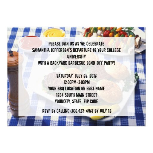 College Send-off BBQ Burgers on Table Personalized Custom Invitation