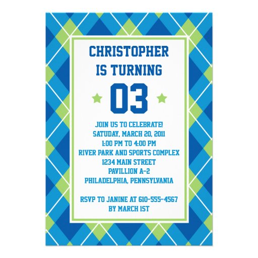 Collegiate Style Blue & Green Argyle 5X7 Birthday Personalized Invitations (front side)