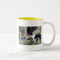 COLLIE PUP TAKES TIME TO SMELL THE FLOWERS mugs