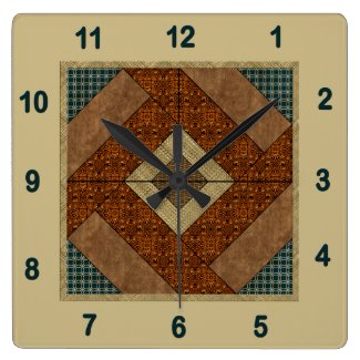 Colonial Pavement Quilt Block Rust &amp; Dark Green Square Wall Clock