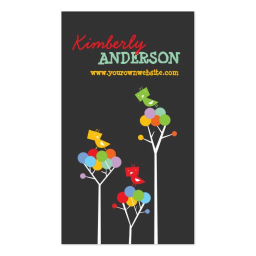 Color Dot Trees + Cute Birds Custom Profile Card Business Cards (front side)