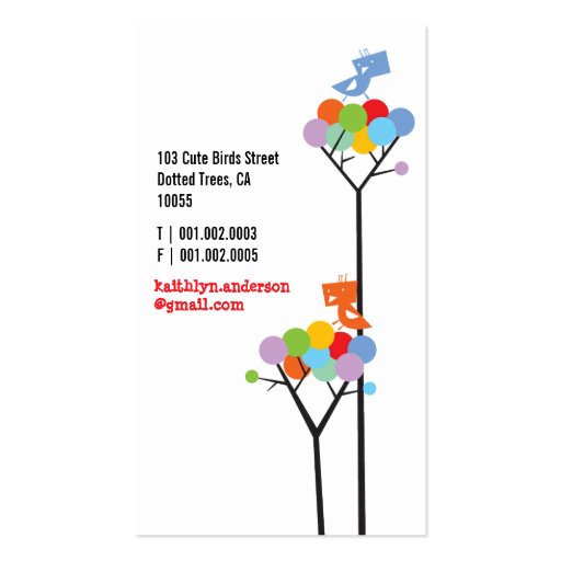 Color Dot Trees + Cute Birds Custom Profile Card Business Cards (back side)