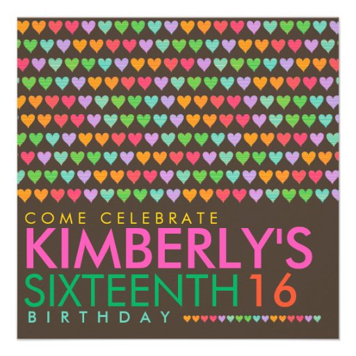 Color Rainbow Love Hearts 16th Birthday Party Invitation