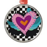 Colored Hearts, Wings and Checkered Background Ornament