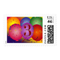 Colorful 3rd birthday balloon postage stamp