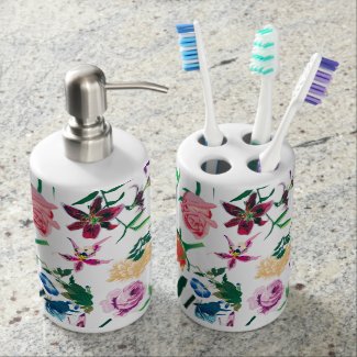 Colorful Assorted Spring Flowers White Background Bathroom Set