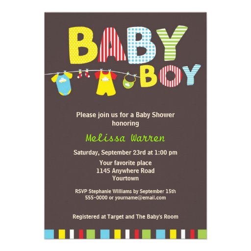 Colorful Baby Boy Shower with Clothesline Custom Invites