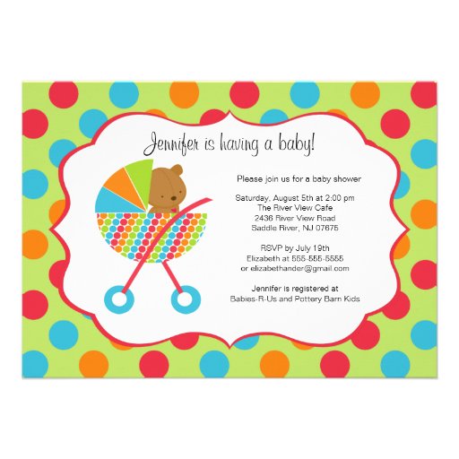 Colorful Baby Carriage Bear Baby Shower Invitation