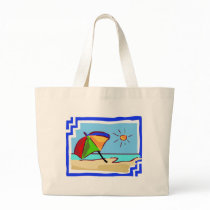 Colorful Beach Scene of Ocean, Sun & Umbrella Canvas Bag