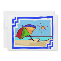 Colorful Beach Scene of Ocean, Sun & Umbrella Personalized Announcement