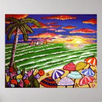 Colorful Beach Sunset Tropical Folk Art Poster