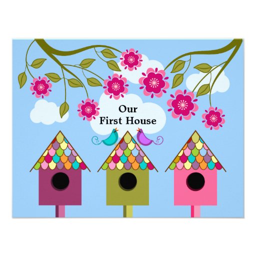 Colorful Birdhouses and Birds Housewarming Party Custom Invitations