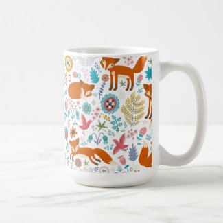 Colorful Birds Flowers & Foxes Pattern Classic White Coffee Mug