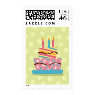 Colorful birthday cake on green background stamp