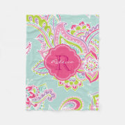 pink and girly floral Colorful Bohemian Paisley Custom Name and Monogram Fleece Blanket