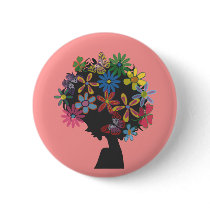 butterfly, flowers, girl, afro, diva, music, illustration, cute, pop, female, street, cool, luv, love, feminine, funny, lovely, kawaii, graphic, design, lady, stylish, colorful, Button with custom graphic design