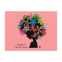 butterfly, flowers, girl, afro, diva, music, illustration, cute, pop, female, street, cool, luv, love, feminine, funny, lovely, kawaii, graphic, design, lady, stylish, colorful, Postcard with custom graphic design